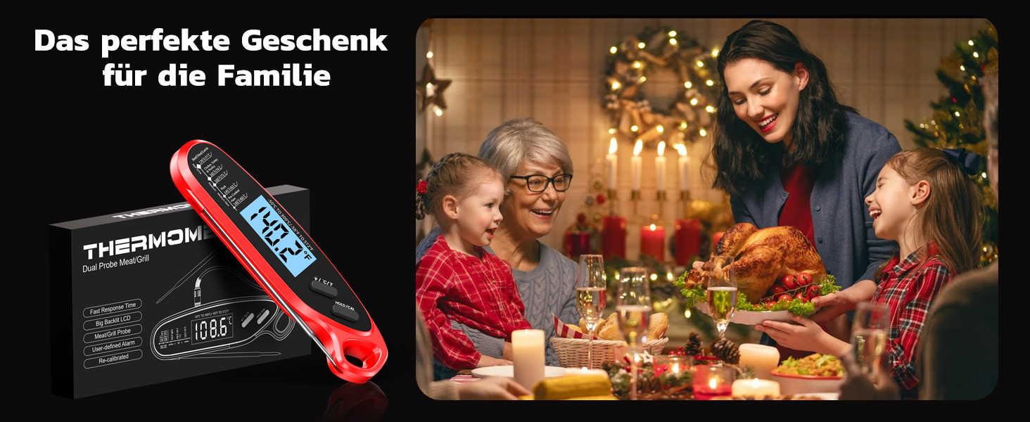 Термометр для м'яса Babacom з миттєвим відображенням та двома зондами, великим екраном, налаштуванням тривоги та калібруванням. Підходить для приготування на грилі, в духовці, для цукру та рідин.