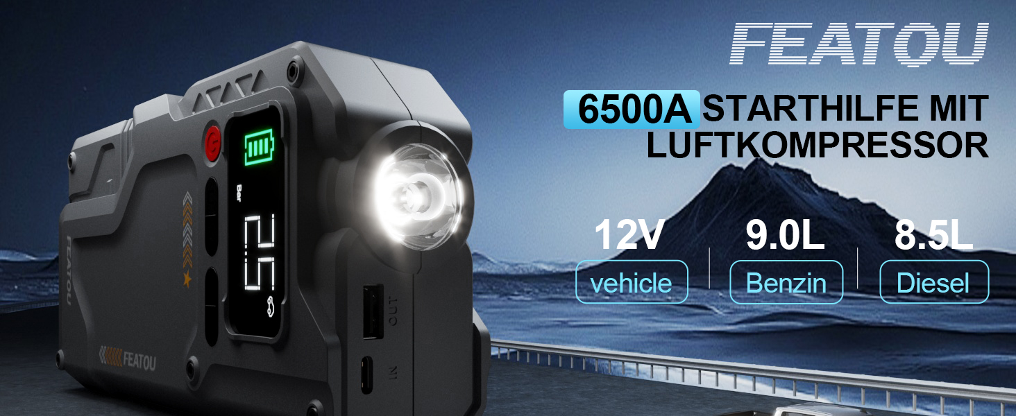 Powerbank для автомобіля Starthilfe з компресором 150PSI, 6000A, 12V, для бензинових та дизельних авто (до 10л), QC3.0, LCD, ліхтарик