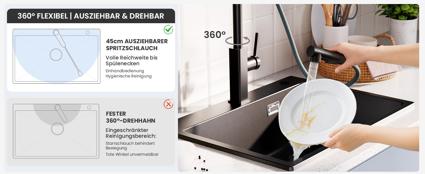 Кухонний змішувач CECIPA висувний з душем, чорний, нержавіюча сталь, 360° поворот, 2 режими струменя, для кухні