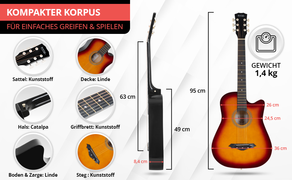 Rocktile WSD-5C-SB: Акустична гітара Westerngitarre Slim Line Dreadnought - Комплект з чохлом, струнами, ременем та медіатором - Sunburst