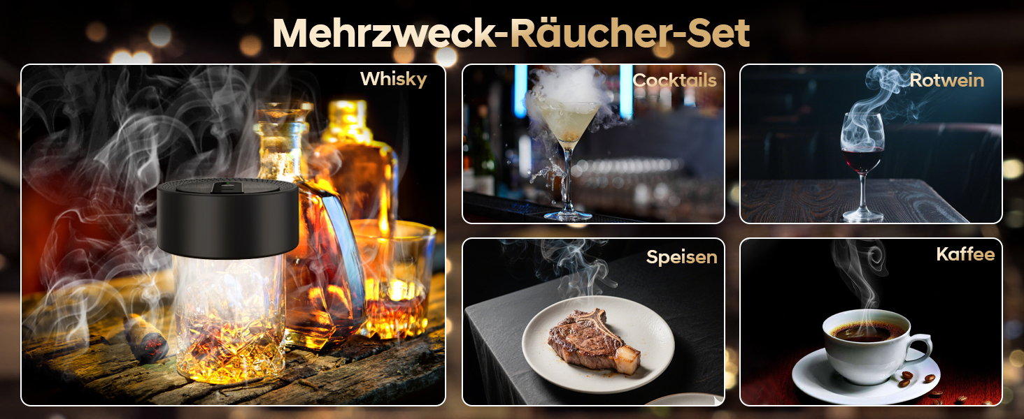 Електричний набір для копчення коктейлів та віскі, ретро-дизайн, 8 дерев'яних чіпсів, USB-C, без полум'я, для віскі, пива, коктейлів, вина, кави, їжі, подарунок для чоловіків