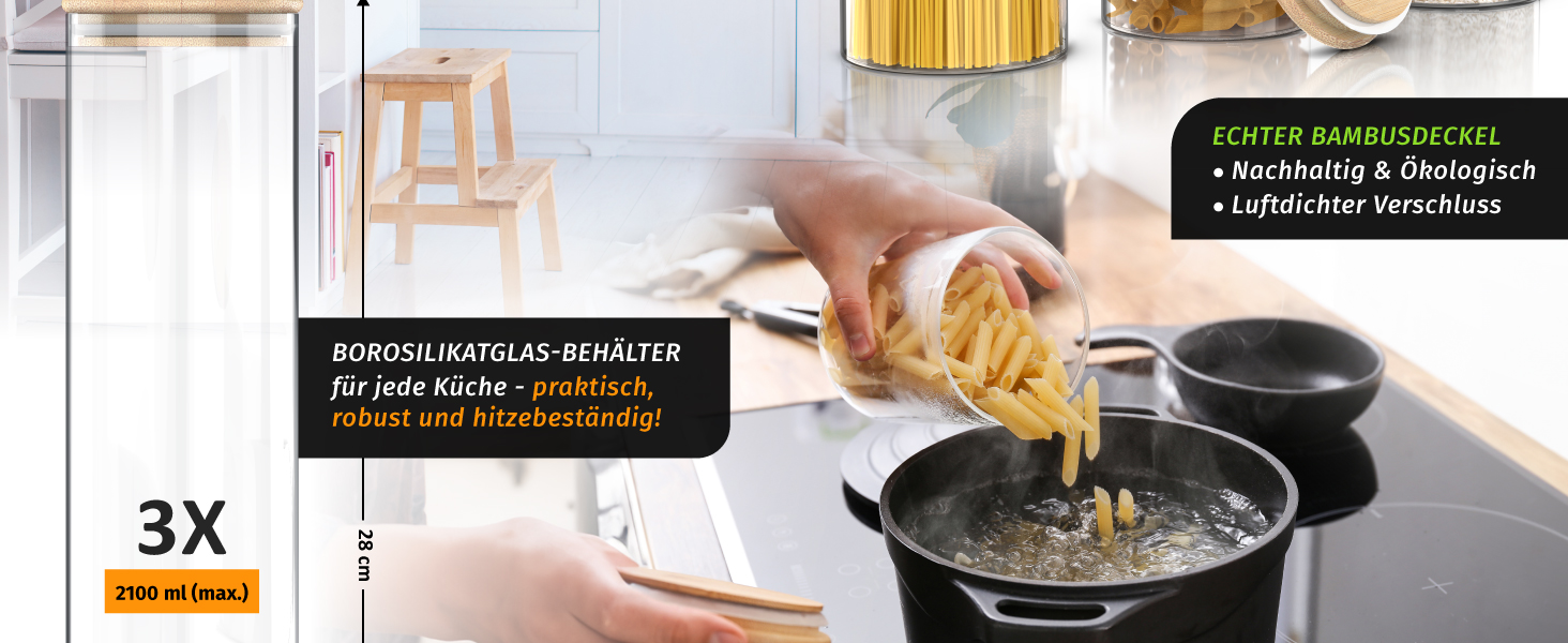 Набір скляних банок для зберігання продуктів Arendo з бамбуковою кришкою, 6 шт. — герметичні термостійкі контейнери для круп, цукру, кави та макаронів