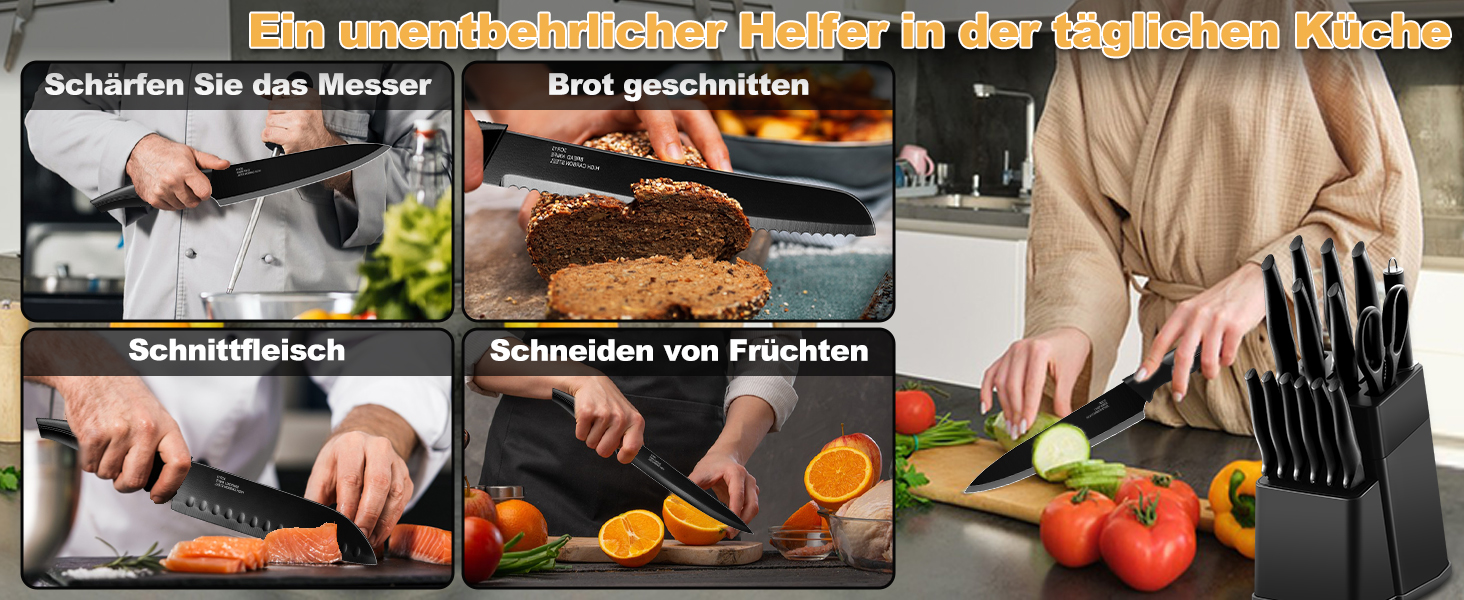 Набір ножів Joyfair 15 предметів з підставкою, з високоякісної нержавіючої сталі, з точильним каменем, кухонний набір з кухонним ножем, ножем для хліба, ножицями та ножами для нарізки та подрібнення, чорний