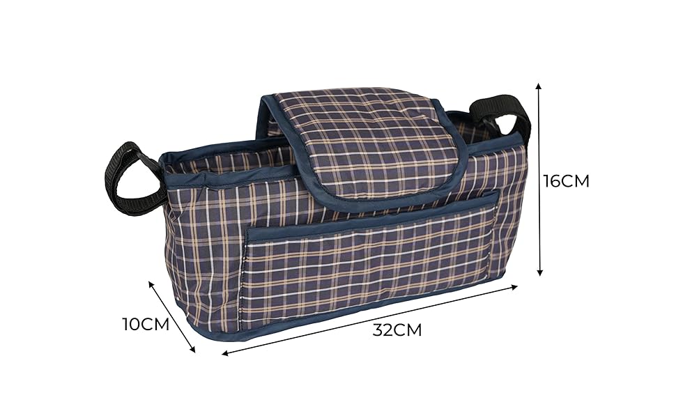 Візок для тварин Monster Shop з сумкою, знімний, складний, вантажопідйомність 15 кг, колеса, гальма, сітчасте вікно, кошик, тримач для напоїв, кишені та водовідштовхуючий дощовик (синій візерунок в клітинку, передня кишеня для тварин)