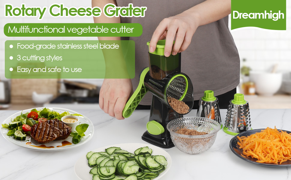 Ручна тертка для сиру та овочів Dreamhigh з ручкою, 3 змінні леза з нержавіючої сталі, для сиру, овочів, горіхів, моркви, ідеальна для огірків, білий (зелений)