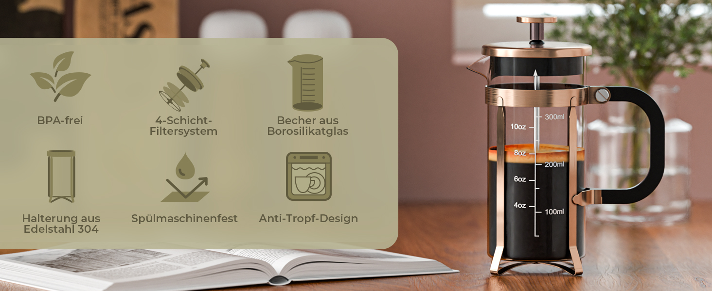 Френч-прес для кави 350мл з нержавіючої сталі, скляний, для дому, офісу, кемпінгу та подорожей