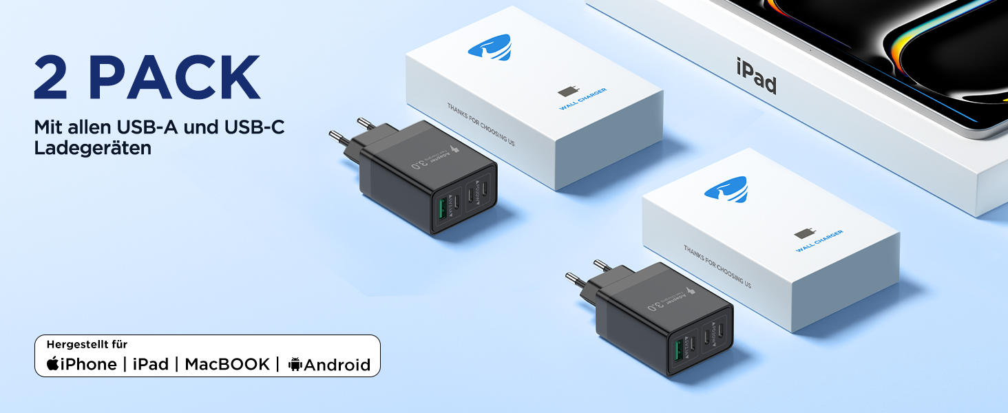 Подвійний зарядний пристрій Aioneus з USB-C та USB-A (40W, PD 3.0) - 2 шт. для iPhone, Samsung та інших телефонів (чорний)