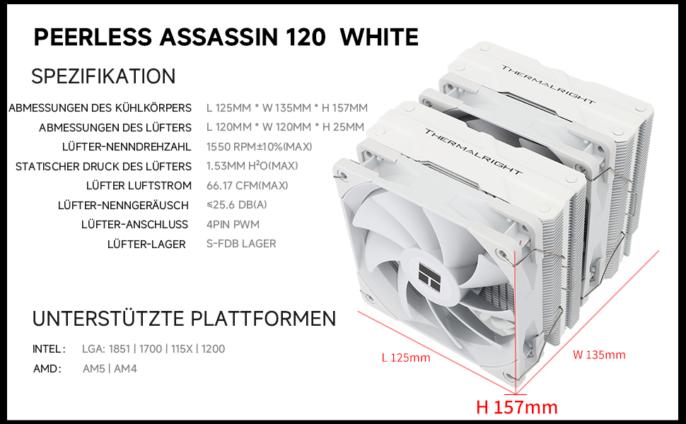 Кулер для процесора Thermalright Peerless Assassin 120 (PA 120 White) — 6 теплових трубок, 2 вентилятори 120мм PWM TL-C12, AGHP, для AMD AM4/AM5, Intel 1700/1200/115x/2011, білий