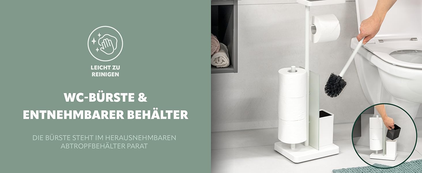 Набір для туалету Eluno Stand-WC 4 в 1: підставка, щітка, 2 змінні насадки, тримач для туалетного паперу на 3 рулони, полиця, скляна та металева поверхня (білий)