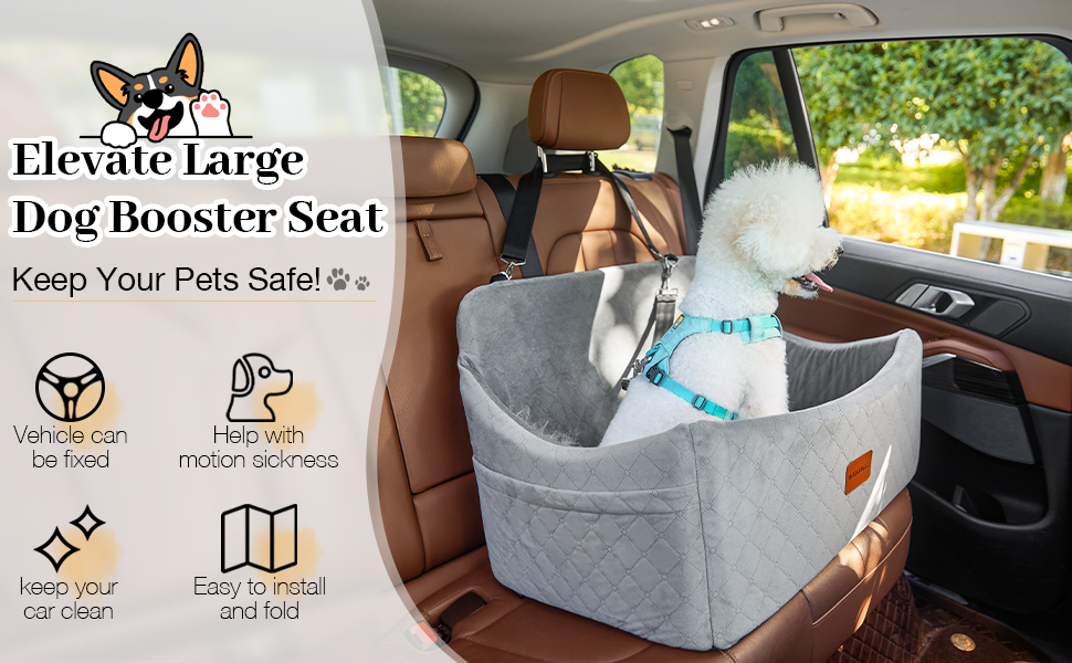 Wooaidagg Memory Foam Dog Car Seat - Washable & Detachable Pet Bed for Medium & Large Dogs - Includes 2 Leashes (Black, Large)
