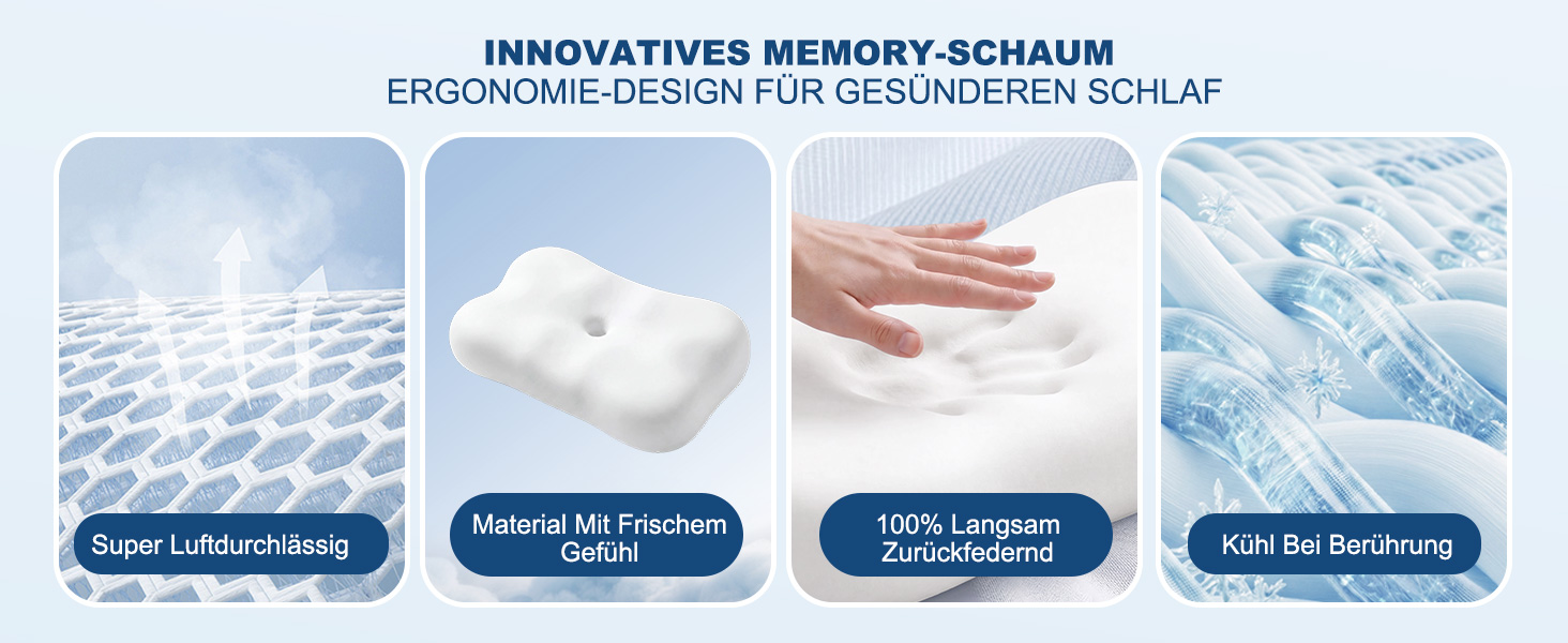 Ергономічна подушка для шиї VYLEE з ефектом пам'яті (Memory Foam), форма-метелик для сну на боці, спині та животі, 55.5 x 31 см, синьо-біла