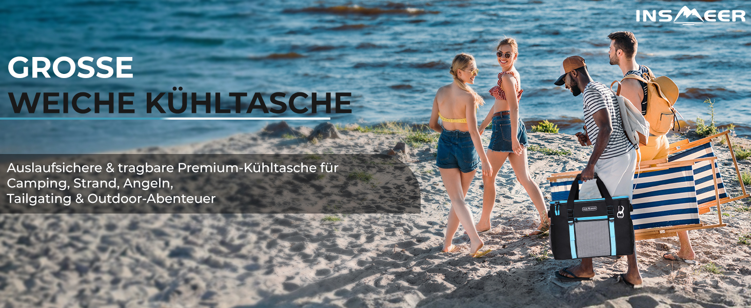 INSMEER Кулер для їжі та напоїв 50 л, великий, складний, для 80 банок, витримує витоки, з відкривачем, для пікніків, кемпінгу, пляжу, сімейних поїздок на 4 особи, чорний