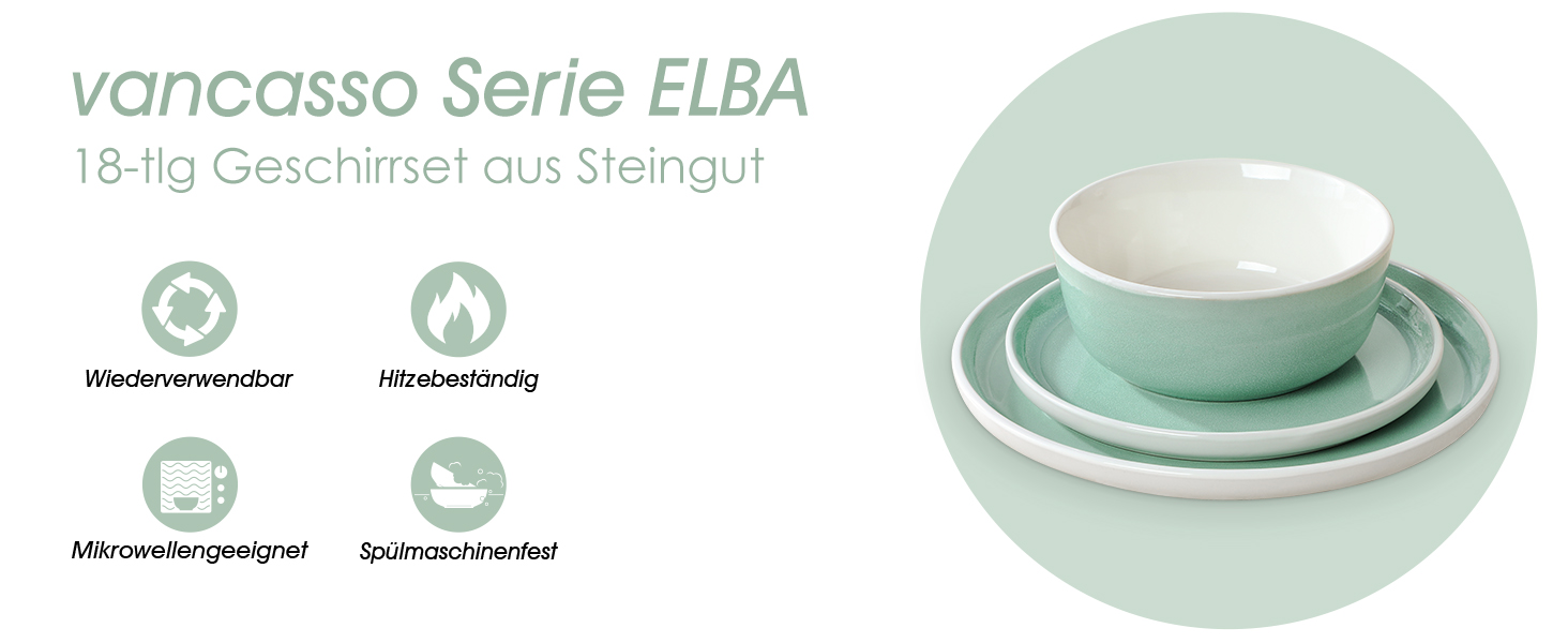 Набір посуду Steingut 18 предметів vancasso ELBA для 6 осіб, сучасний посуд у бірюзовому кольорі (6 тарілок, 6 мисок, 6 десертних тарілок)