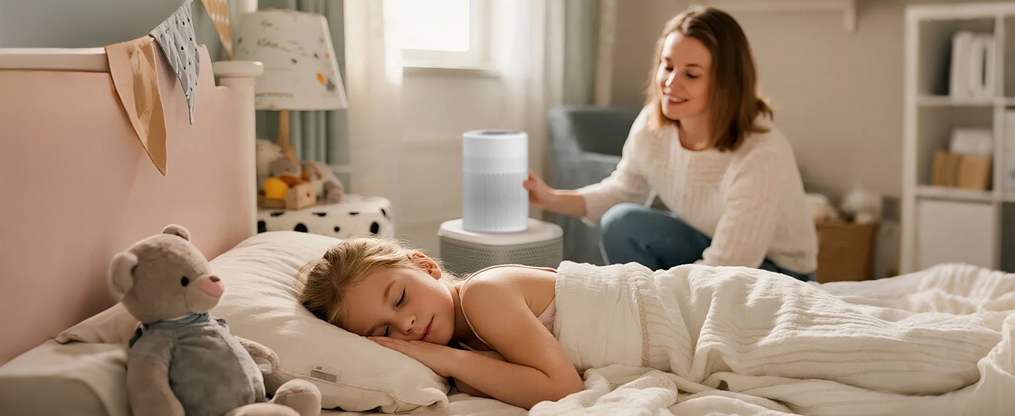 Розумний очищувач повітря WiFi з керуванням через додаток та голосовими помічниками Alexa/Google - 360° повітряний потік, фільтр HEPA H13 (99,97%), нічний режим 20 dB, CADR 90 м³/год, кольорове підсвічування для спальні (KJ1-6)