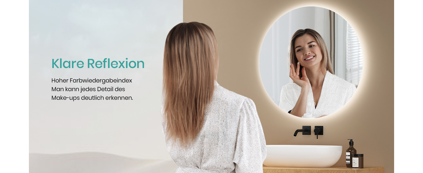 Дзеркало для ванної кімнати EMKE круглої форми з підсвічуванням 80 см - кругле дзеркало з 3 кольорами світла, регулюванням яскравості, сенсорним управлінням, функцією пам'яті та енергозбереженням. Розміри: 80 см x 80 см