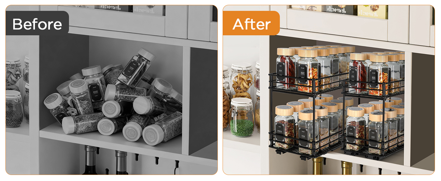 VINATO Висувна полиця для спецій на 2 яруси – органайзер для кухні з роликовими направляючими, підставка для спецій у шафку, полиця для спецій без свердління (26x15x21,8 см)