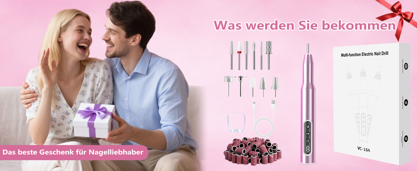 Електричний фрезер для нігтів Nagelfräser 45.000 об/хв - 14 в 1 для гелю, акрилу, манікюру та педикюру, 6 швидкостей, акумуляторний, рожеве золото