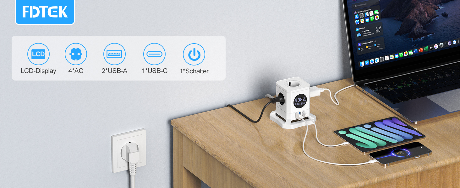 Багатофункціональний USB-хаб FDTEK з 1 USB-C та 2 USB-A, 7 розеток, LCD-дисплей, 1.8м кабель, 2500W/10A, білий