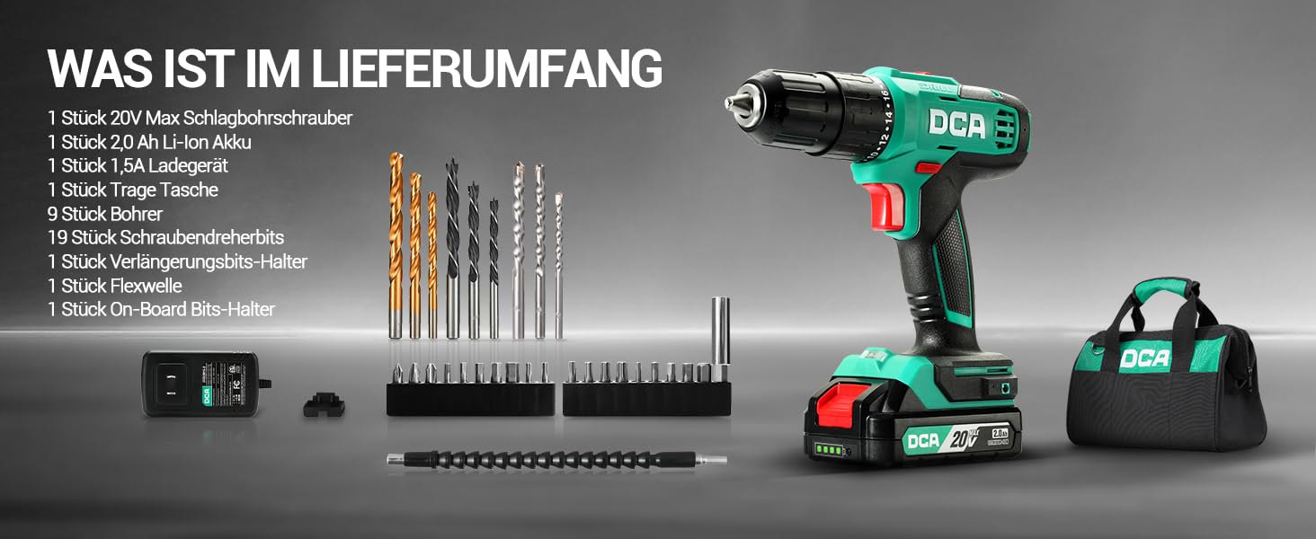 Акумуляторний ударний дриль-шуруповерт DCA 20V, 40 Нм, 13 мм, 22500 уд./хв, 18+1+1, комплект з 14 біт для бетону, металу, дерева