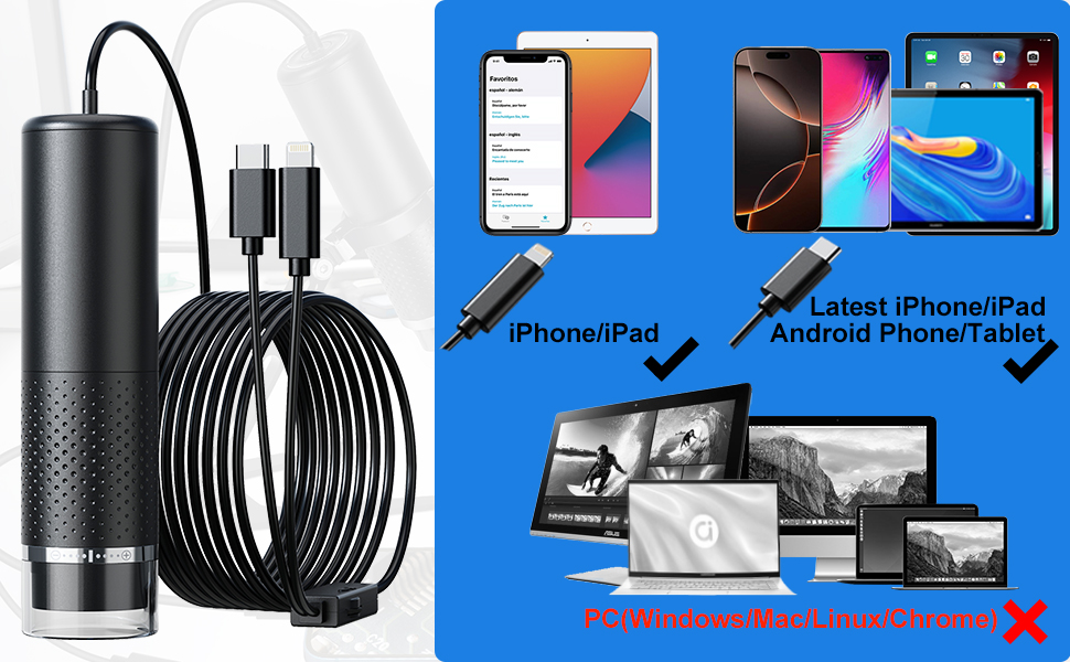 Цифровий мікроскоп-камера Jiusion для iPhone, iPad, Android, телефону, планшета, 50-1000x, для ювелірів, студентів, дітей, з металевим кріпленням, 1920x1440P, чорний