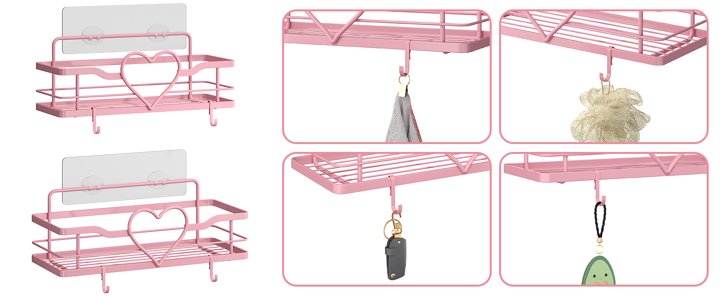 Двостороння поличка для душу без свердління, рожева, з 4 гачками, 11.5 см - органайзер для шампуню та мила