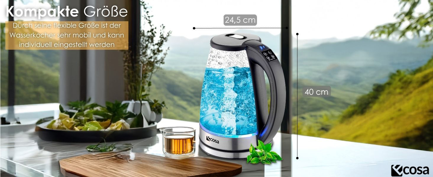 Електричний чайник Ecosa® зі скляною колбою та нержавіючою сталлю, 1,8 л, 2200 Вт, регулювання температури 40°C-100°C, з підігрівом, LED-підсвічуванням, BPA Free