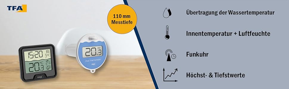 TFA Dostmann Digital Floating Pool Thermometer Marbella, 30.3066.01, floating, easy to read, for swimming pool, pond, ice bath, water temperature, including temperature water transmitter, radio clock, black