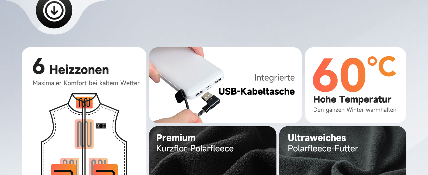 Обогріваючий жилет/куртка з підключенням до Powerbank, Microfleece, 6 зон нагріву, 3 режими температури, для жінок та чоловіків, чорний