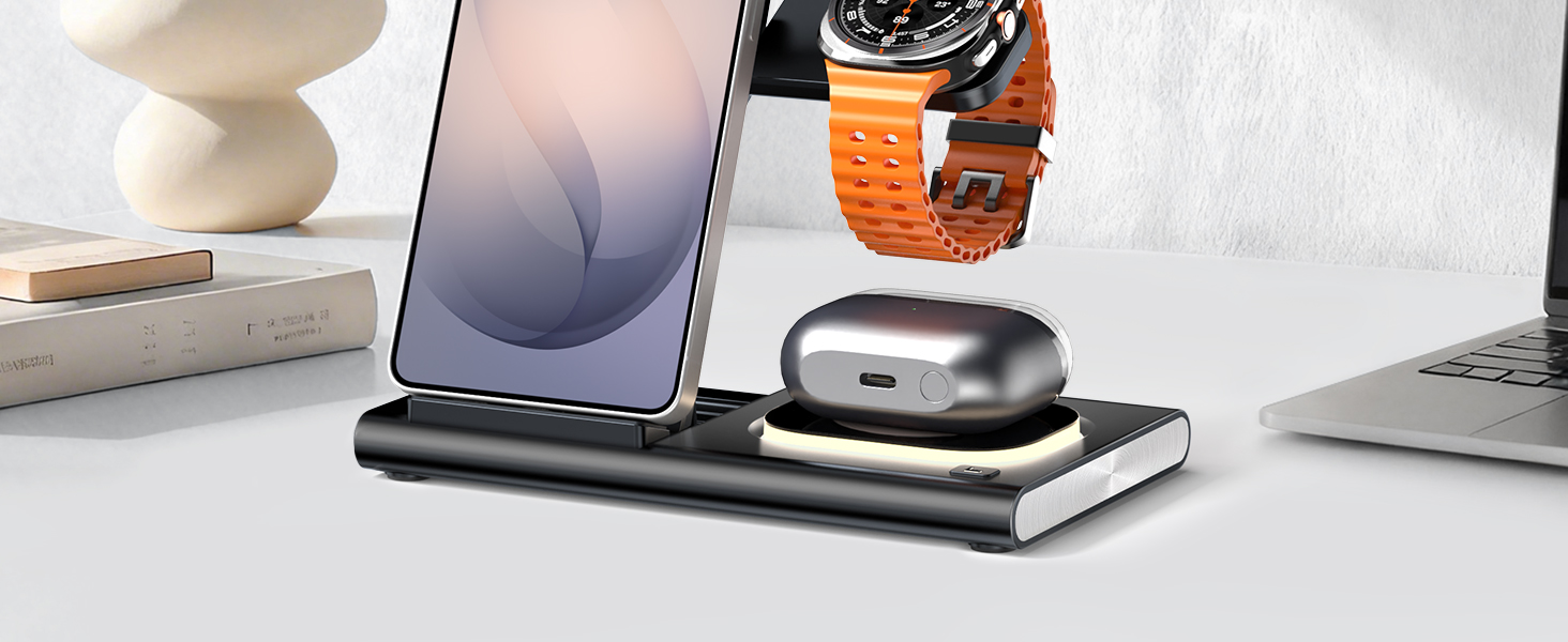 Бездротовий зарядний пристрій 3-в-1 для Samsung Galaxy: S26/S25/S24/S23, Z Flip/Fold, Galaxy Watch Ultra/8/7/6/5/4, Galaxy Buds - Чорний