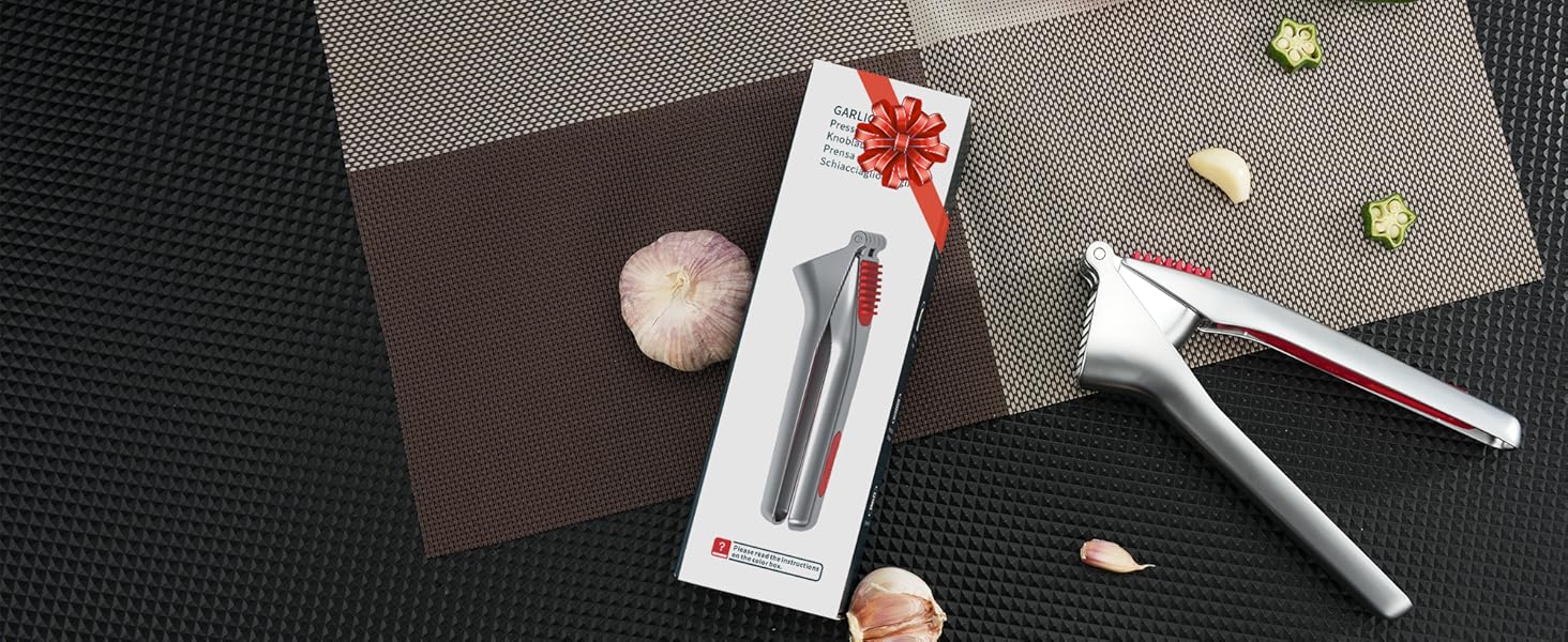 Професійний прес для часнику KITCHENDAO з контейнером, скребком та очищувачем, цинковий подрібнювач часнику (без очищення), сріблястий