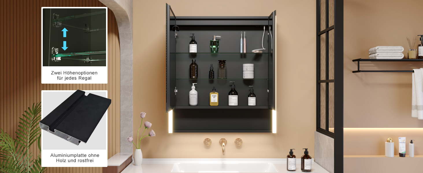 LED дзеркальна шафка у ванну кімнату KWW з підсвічуванням, регульованою температурою світла, антитуманним покриттям та USB-роз'ємами (2 дверцята, 80x70 см)