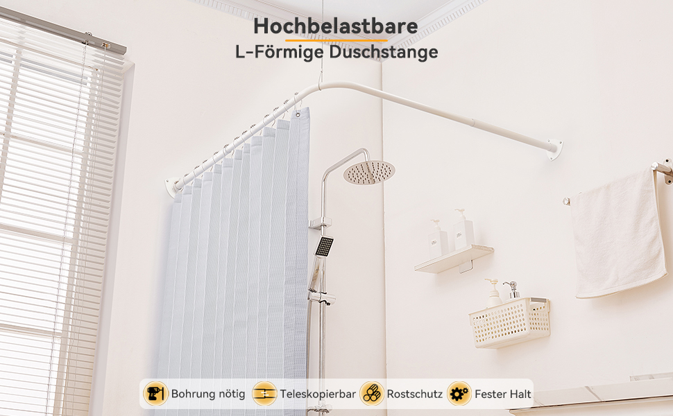 Штанга для душу L-подібної форми, регульована, з 12 кільцями та опорою для стелі, для ванни/ванної кімнати, білий, 60-130см x 60-130см