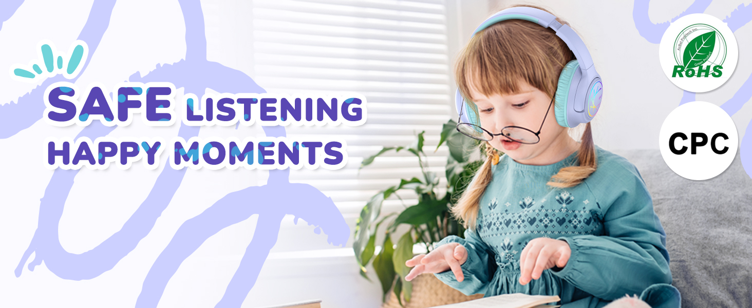 iClever Бездротові навушники для дітей з LED-підсвіткою, обмеження гучності 74/85дБ, 43 години роботи, стерео звук, Type-C, AUX-кабель, Bluetooth 5.3, для планшетів/подорожей (Чорний та фіолетовий)