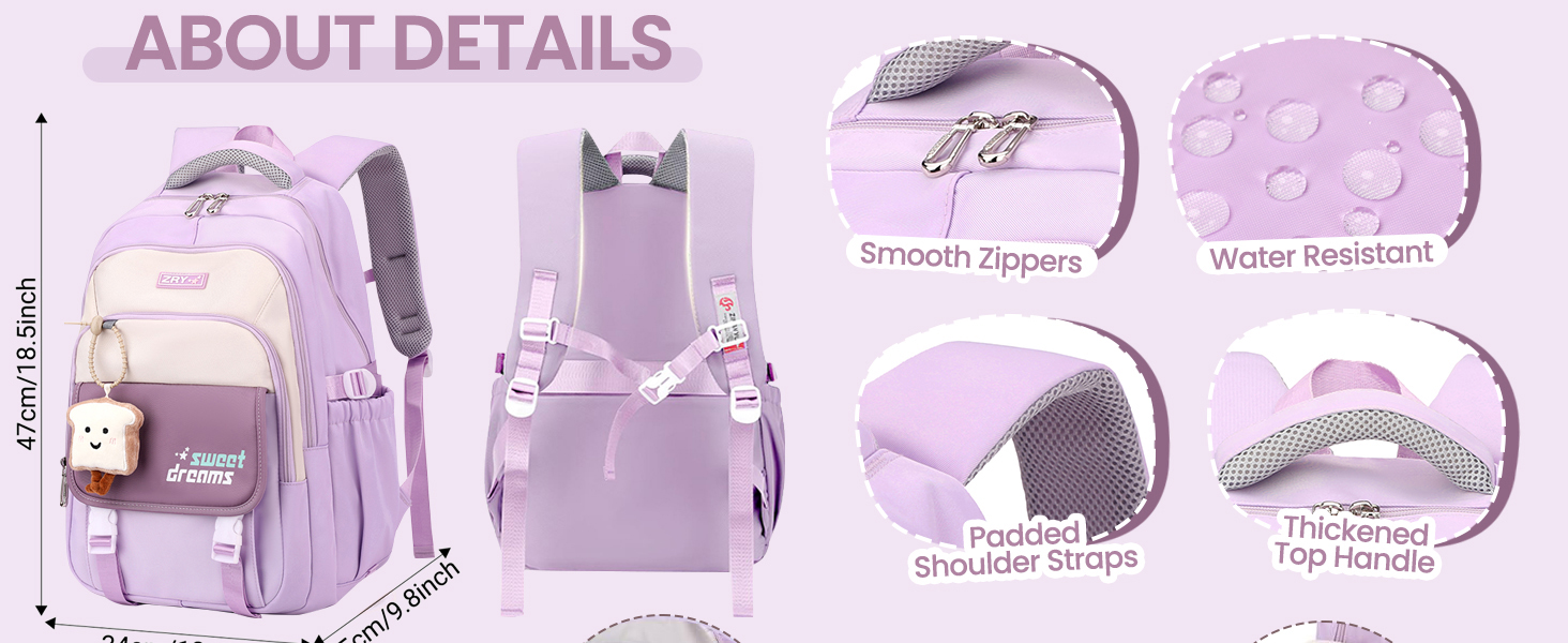 Шкільний рюкзак для дівчаток 2-10 класів, 32L, легкий дитячий рюкзак | Дихаюча спинка | М'які лямки | Брест-стрічка, ранці для школи, рюкзак для підлітків 8+ років, фіолетовий