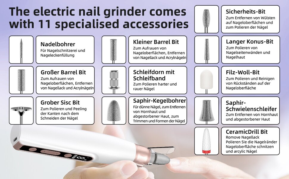 Електричний набір для манікюру та педикюру Nagelfräser: 11 насадок, 9 швидкостей, до 10000 об/хв