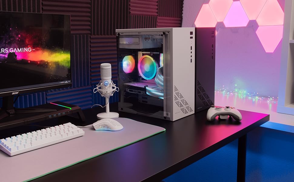 Корпус для ПК Mars Gaming MC300P MicroATX, білий, загартоване скло, Mesh-панель, 3x FRGB вентилятори