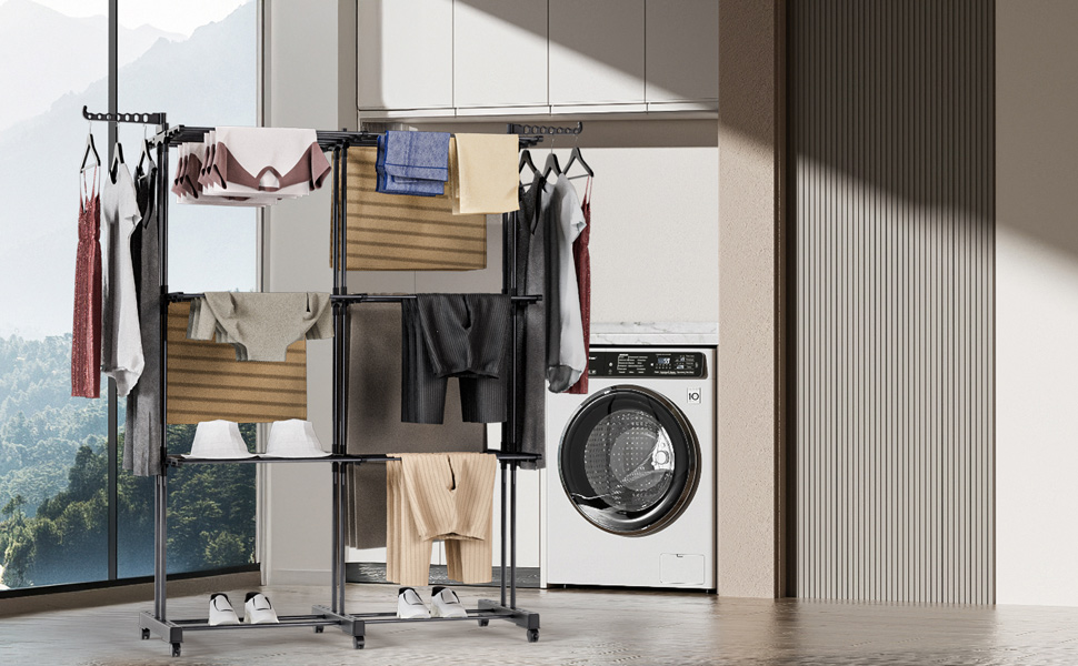 VOUNOT® Сушарка для білизни Турм Розкладна, для дому та вулиці, з розкладними крилами, телескопічною штангою, 6 колесами, 40м довжини сушіння, 3 яруси, білий (чорний) колір