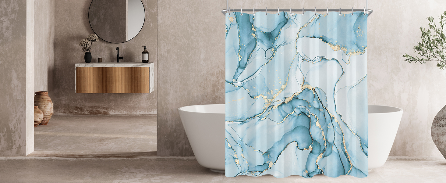 Штора для ванної кімнати 180x200 см, антигрибкова, водовідштовхувальна, поліестер, з кільцями (Світло-блакитний мармур)