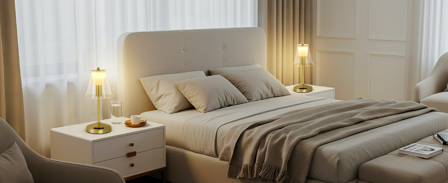 OUTON Бездротова настільна лампа Gold – LED лампа з торканням, регулювання яскравості, 3 режими кольору (3000K–6000K), акумулятор 4000mAh, USB-C, до 120 годин роботи, пам'ять, для спальні, бару та декору, золота