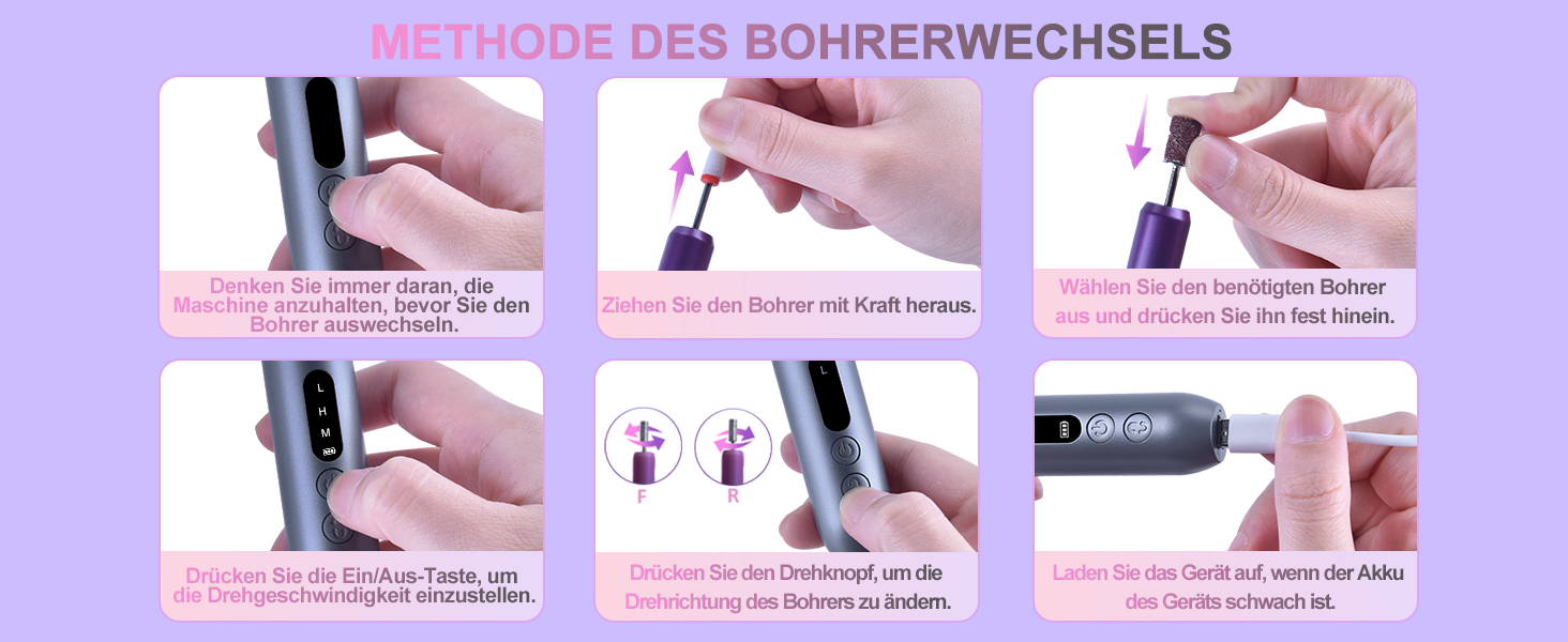 Електричний нагрівач для гелевих нігтів (манікюр/педикюр) з LCD-дисплеєм, 30000 об/хв, 3 швидкості, USB, сірий/фіолетовий