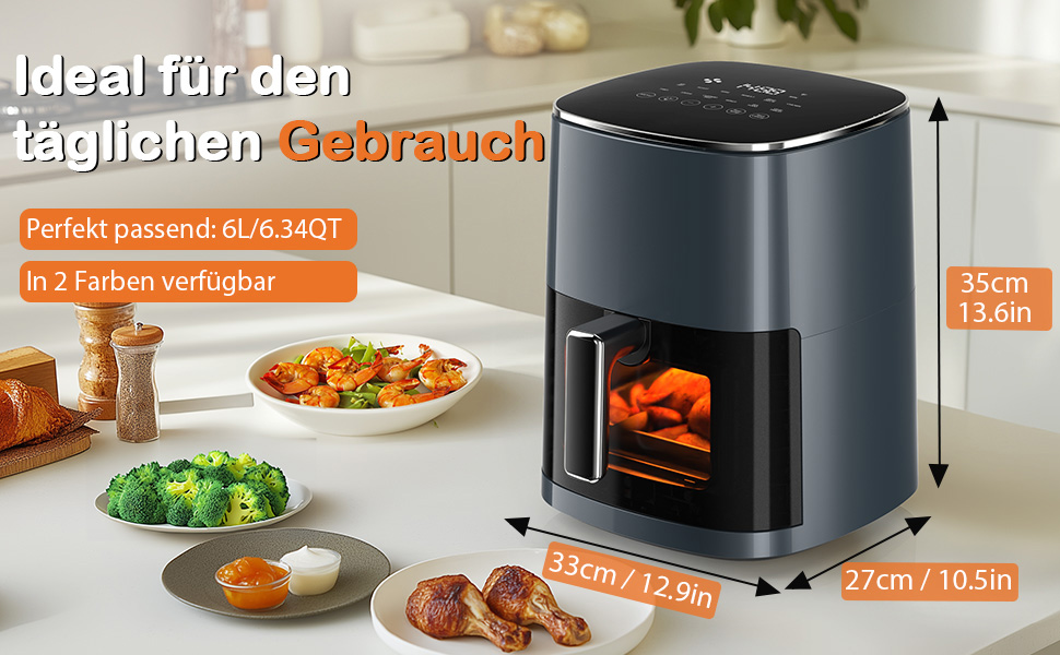 Фритюрниця Sweetcrispy Airfryer 6L з вікном, 12 функцій, сенсорний екран, сірий колір. Здорове приготування без олії, антипригарна корзина, підходить для 3-6 осіб