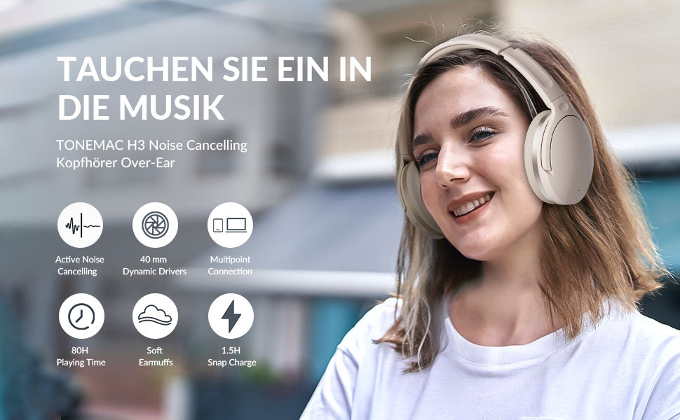 TONEMAC H3 Bluetooth навушники: активне шумозаглушення, Hi-Res звук, 80 годин роботи, комфортні амбушюри, для дому та подорожей