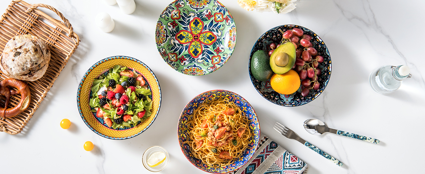 Набір салатників та тарілок HENXFEN з порцеляни (4 шт.) - 1330 мл, богемський стиль