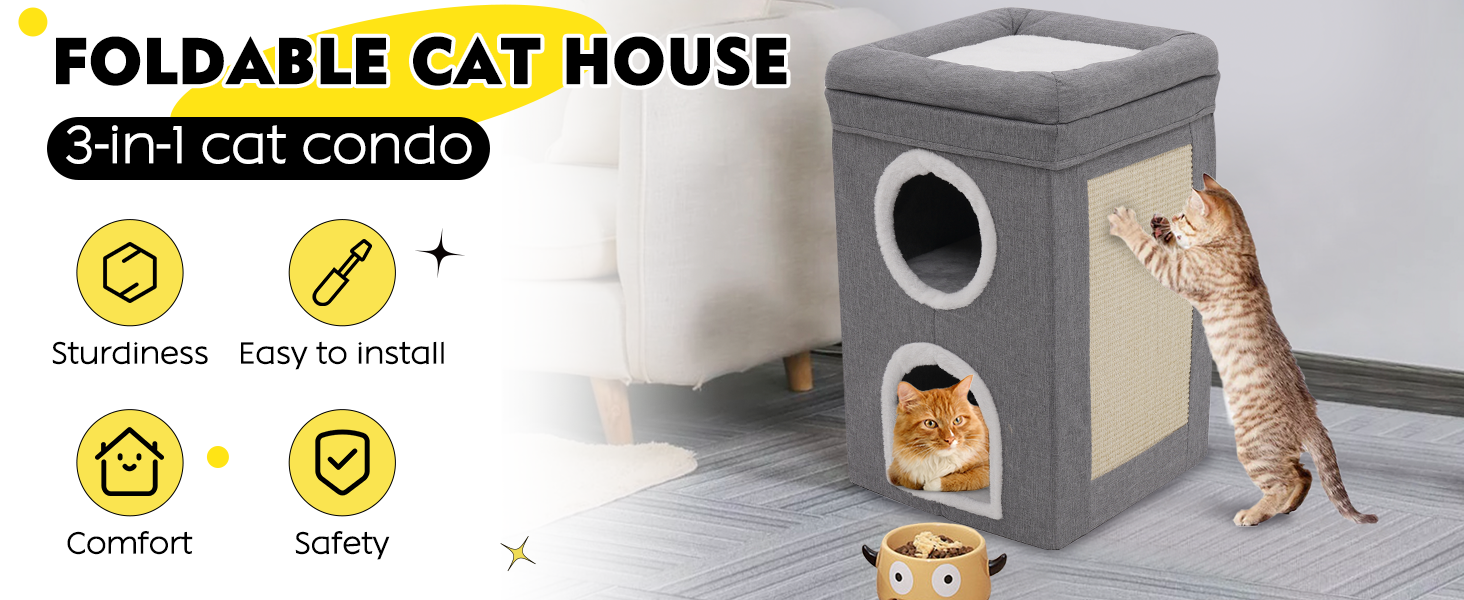 Сірий кубічний будиночок-печера для котів, 3-ярусний, великий, для дому, для маленьких та середніх котів