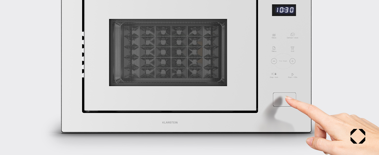 Вбудована мікрохвильова піч Klarstein Velaire 60 см з грилем – 25L, 850W, 8 програм, сенсорне управління, нержавіюча сталь, таймер, білий колір