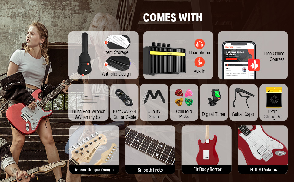 Електрогітара Donner 39 дюймів (праворука) з комплектом: підсилювач, чохол, каподастр, ремінь, струни, тюнер, кабель та медіатори (червоний) DST100-Rot