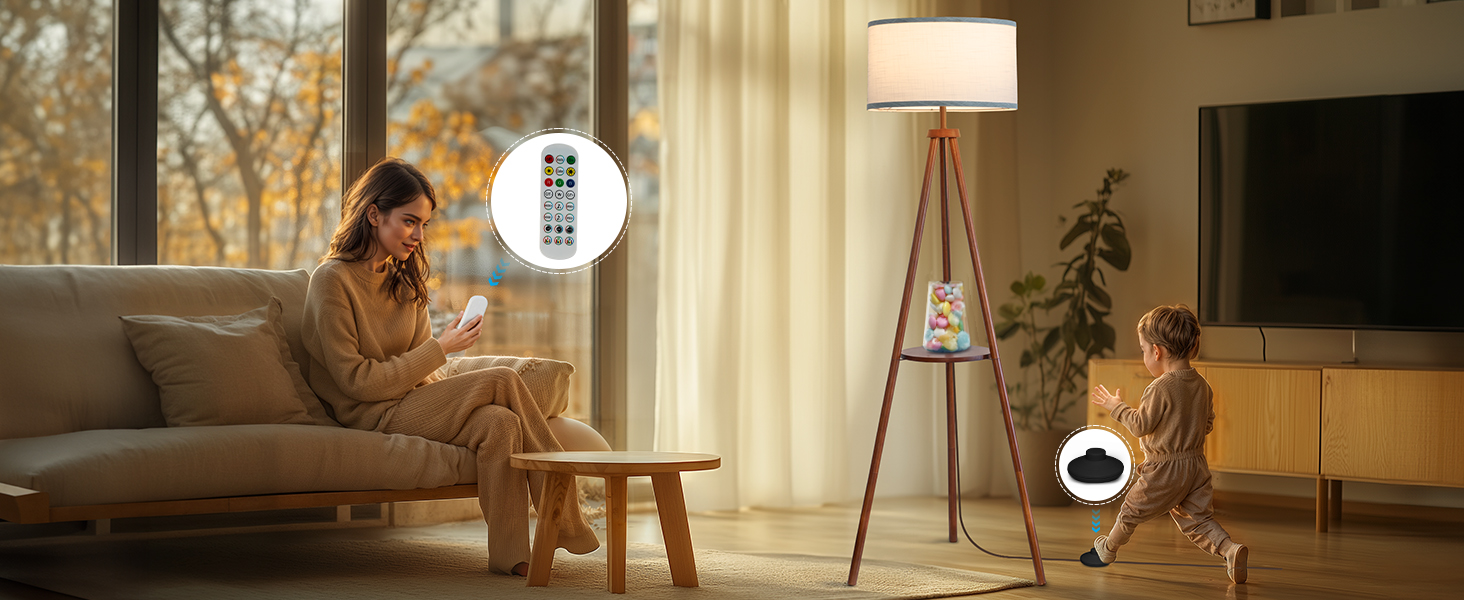 Стельова лампа з полицею, пульт дистанційного керування, 3 колірні температури, тринога, для вітальні, спальні, офісу (горіх), бежевий абажур