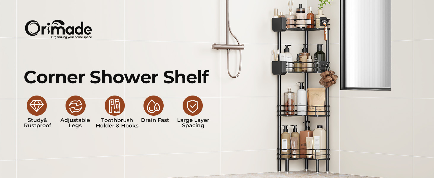 Набір з 4 кутових полиць для душу Orimade, нержавіюча сталь, чорний