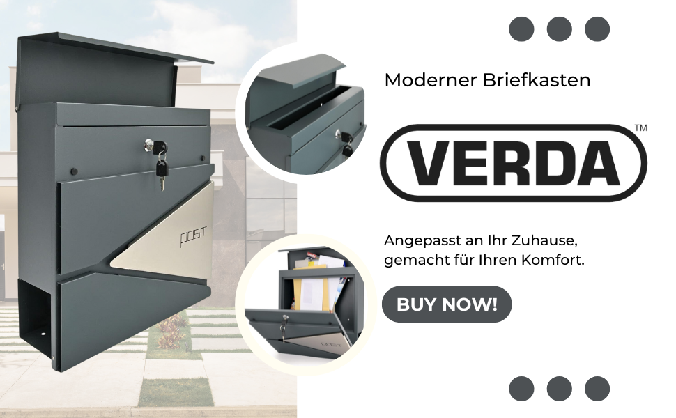 Поштовий ящик Verda з газетницею, нержавіюча сталь, антрацит, 2 ключі - дизайнерський настінний поштовий ящик з прихованим замком