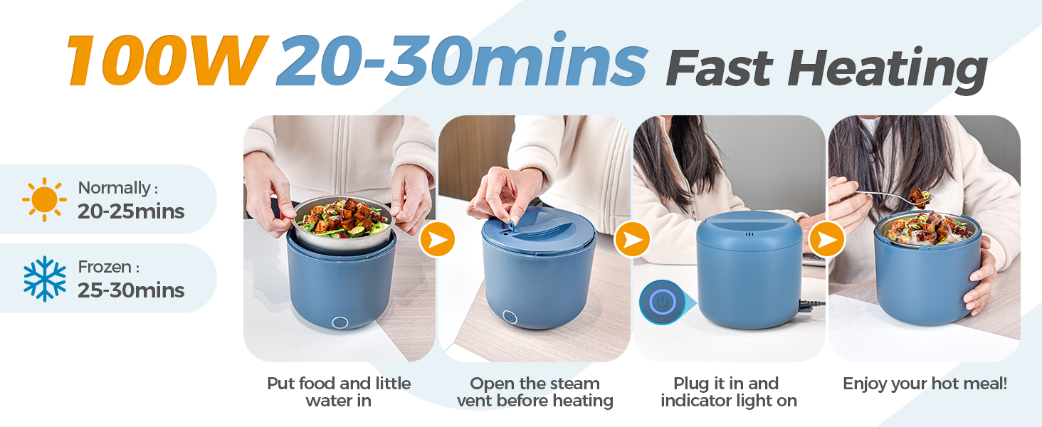 Електрична ланчбокс 80W для дорослих з термоізоляцією, нержавіюча сталь, набір виделки та ложки, 2 контейнери по 1.5л, 3-в-1, 12/24/110~230V, витокозахисний, для авто, вантажівки, офісу (блакитний 1.2л, євро-штекер)